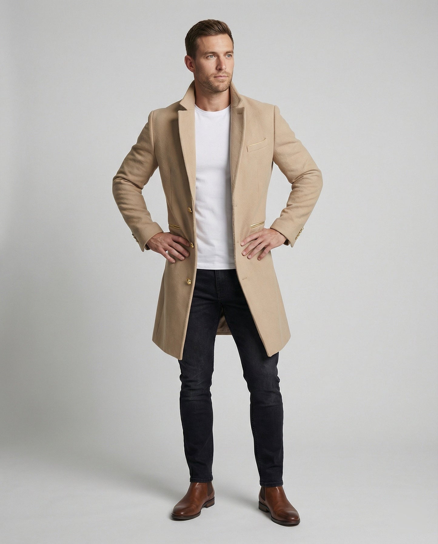 Männer Trenchcoat Eleganter Wollmantel Schwarz