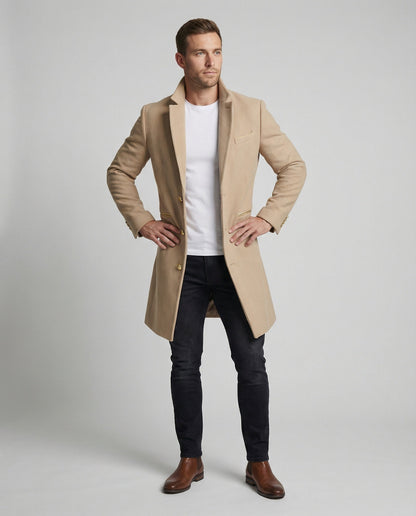 Männer Trenchcoat Eleganter Wollmantel Schwarz