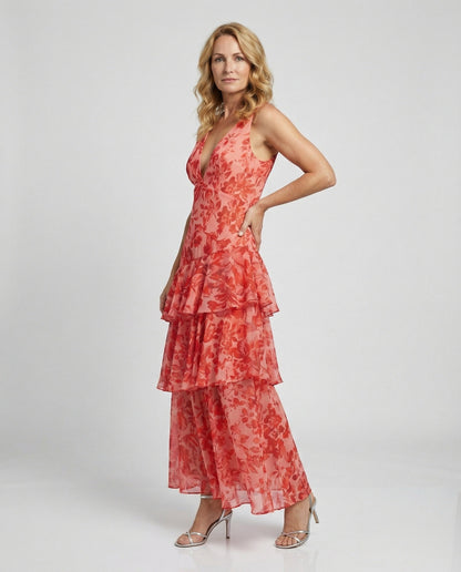Weibliches Maxikleid Rüschen Tiefes Dekolleté