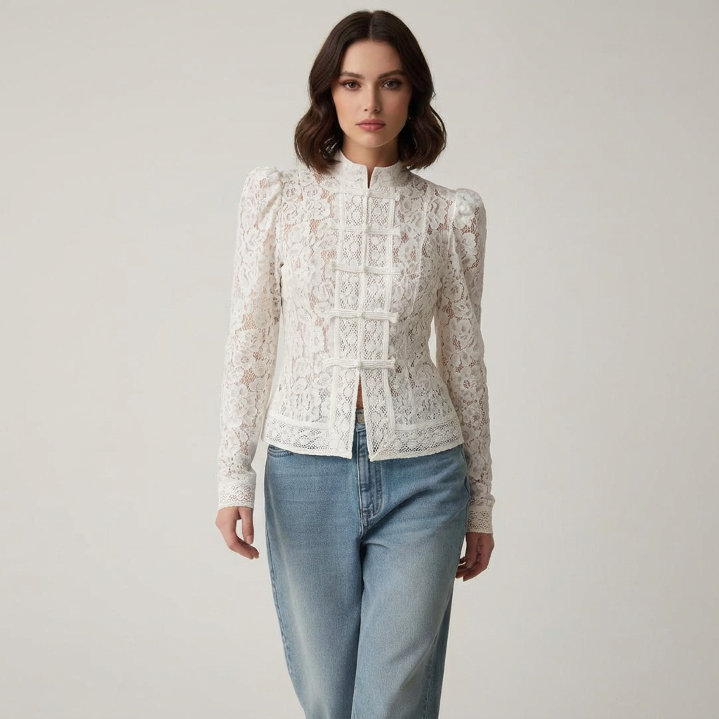 Elegante Spitzenbluse Damen Stehkragen Feminin