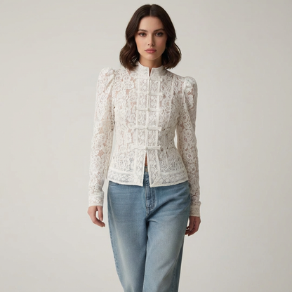 Elegante Spitzenbluse Damen Stehkragen Feminin