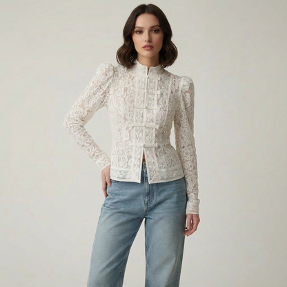 Elegante Spitzenbluse Damen Stehkragen Feminin