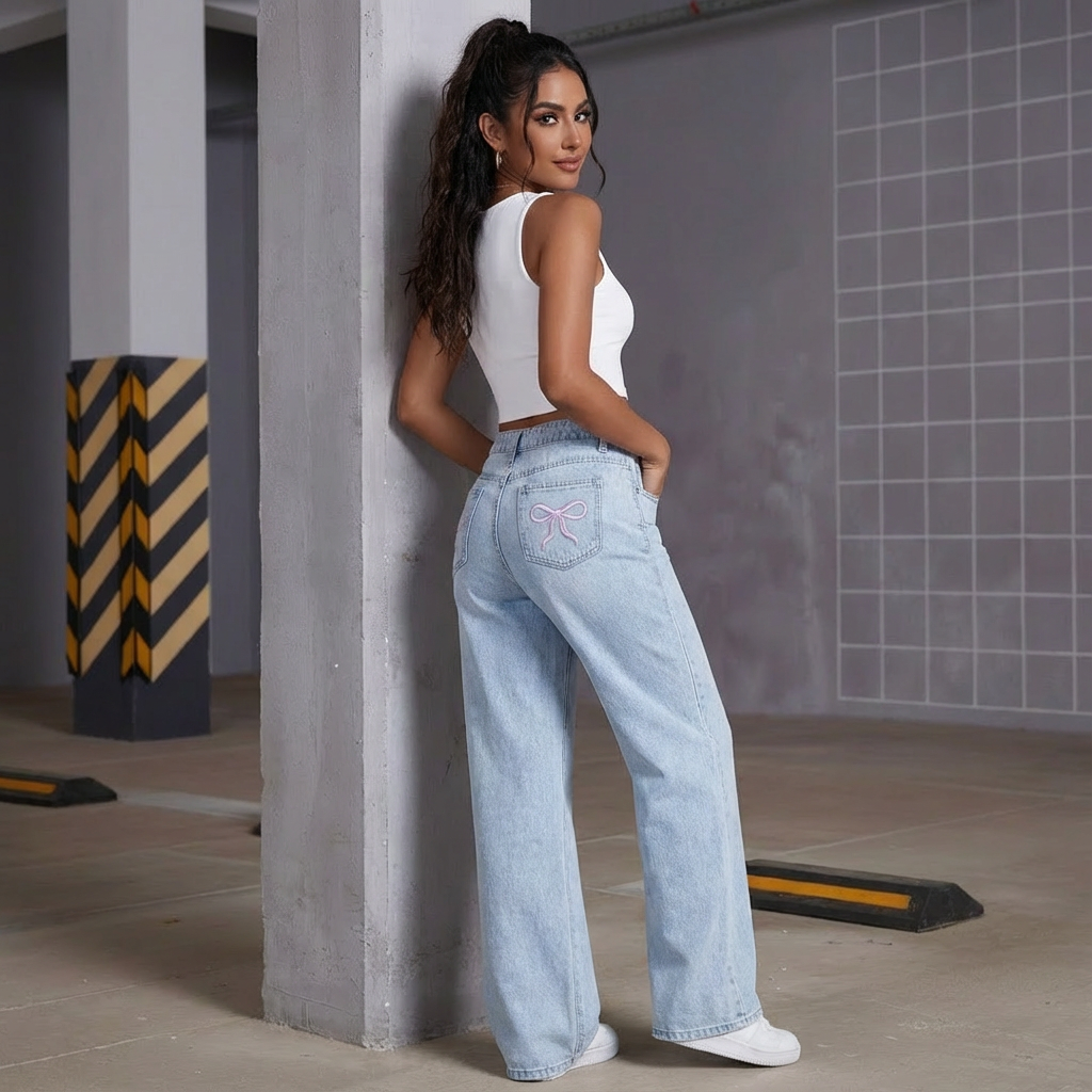 Hohe Taille Damenjeans Weite Bein Spitzen Detail