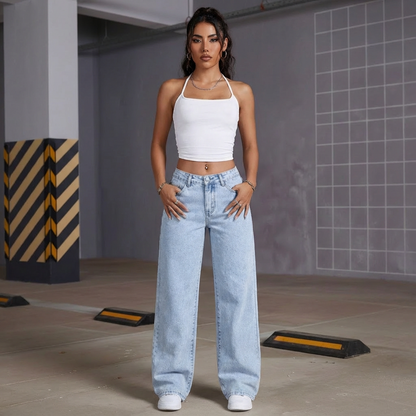 Hohe Taille Damenjeans Weite Bein Spitzen Detail