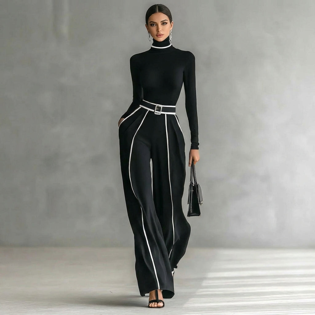 Damen Set Zweiteilig Rollkragen Top und Weite Hose mit Gürtel