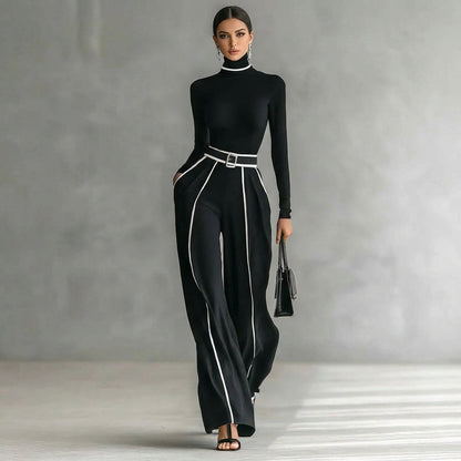 Damen Set Zweiteilig Rollkragen Top und Weite Hose mit Gürtel