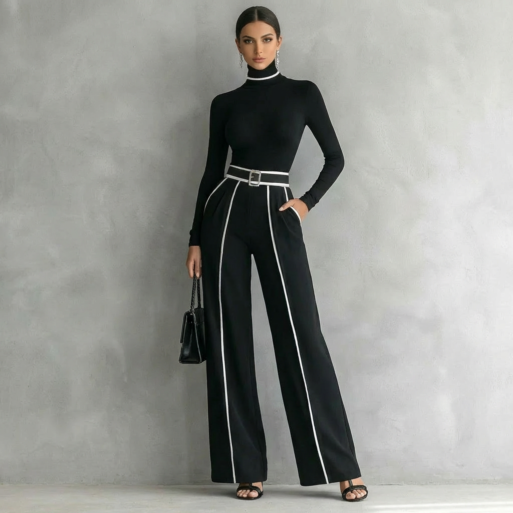 Damen Set Zweiteilig Rollkragen Top und Weite Hose mit Gürtel - BerlinGlamour