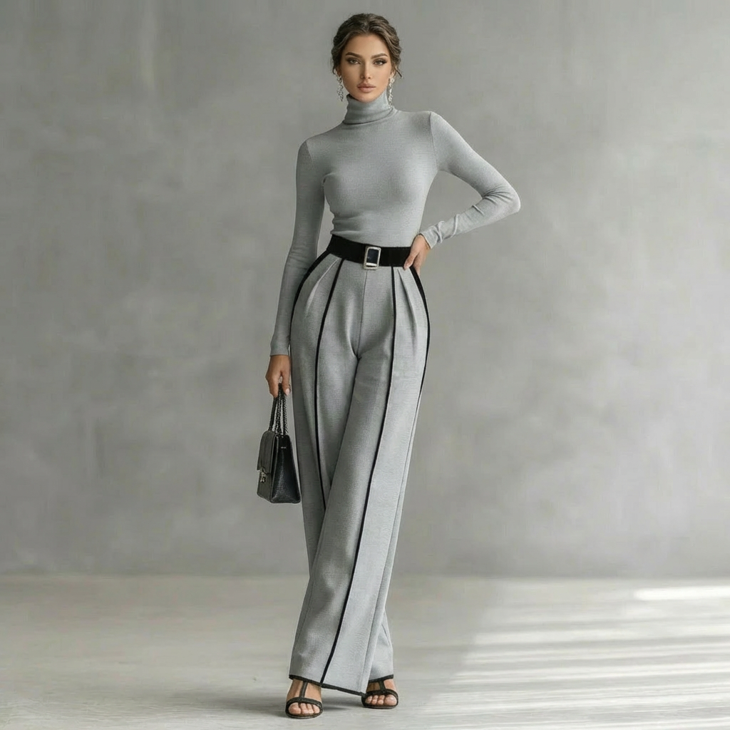 elegantes damen set rollkragenoberteil und weite hose grau