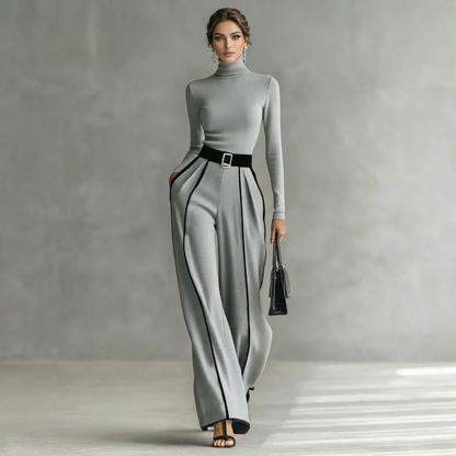 Damen Set Zweiteilig Rollkragen Top und Weite Hose mit Gürtel