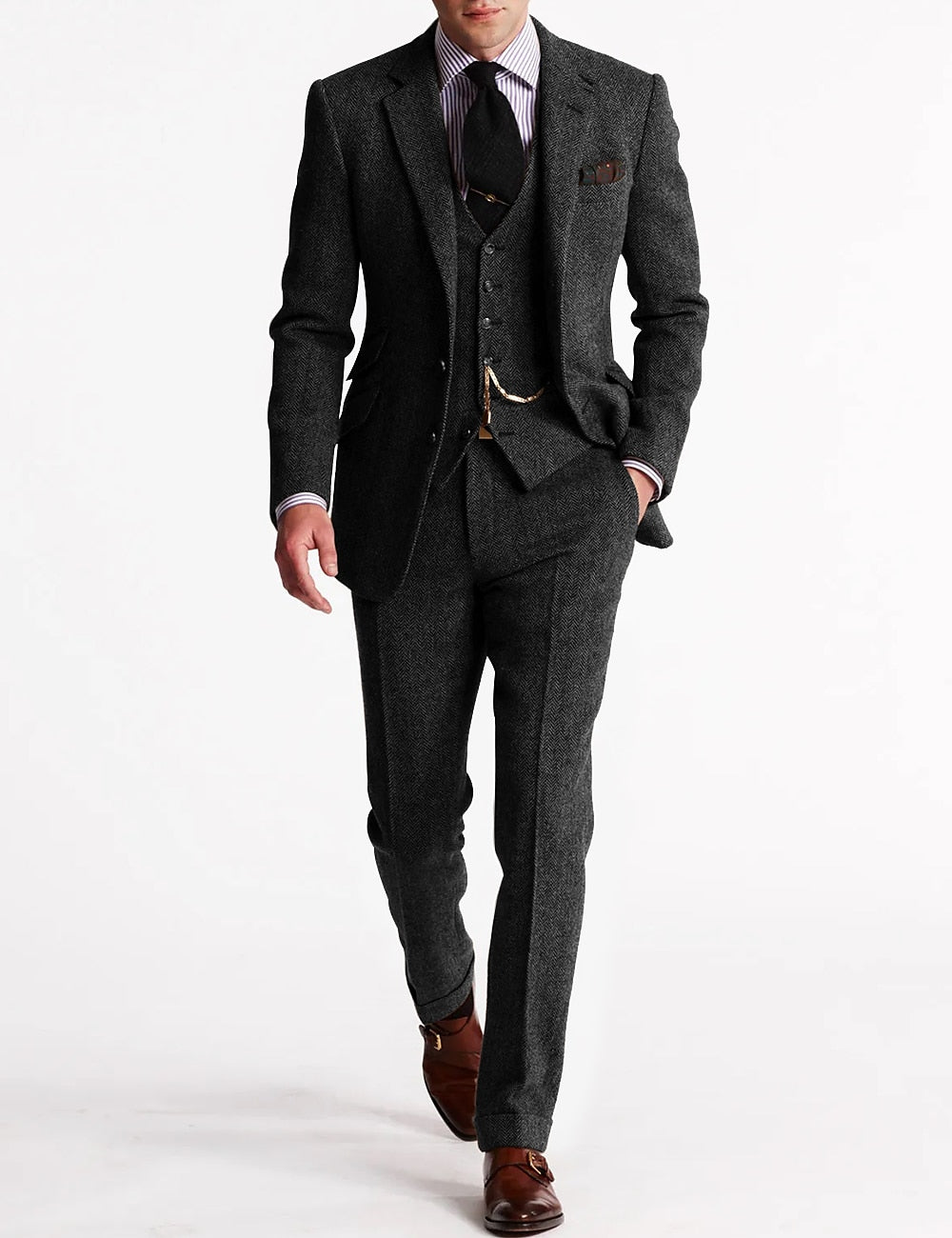 Herrenanzug Klassisch Dreiteilig Tweed Schwarz