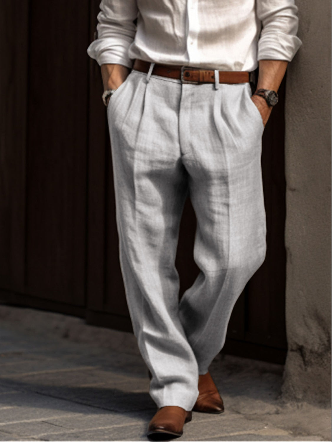 Herren Leinenhose Plissiert Bequem Sommer