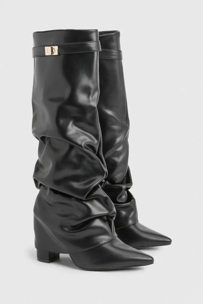 Faltstiefel Damen Niedriger Absatz Spitze Zehen