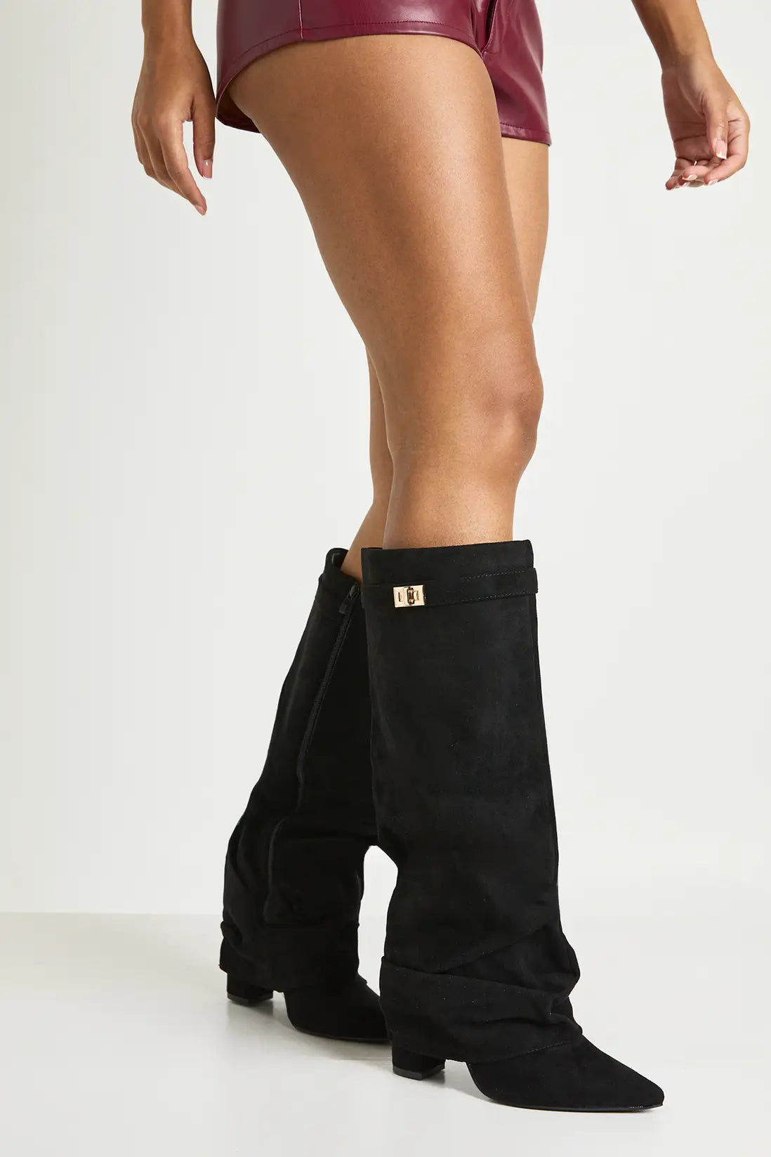 Faltstiefel Damen Niedriger Absatz Spitze Zehen
