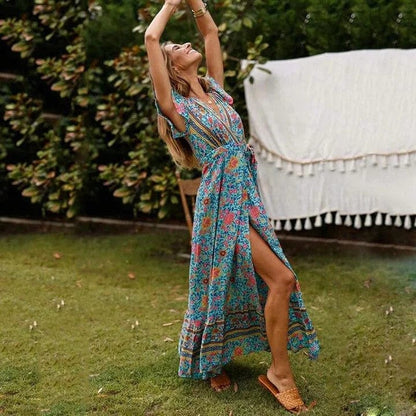 Boho Maxikleid Wickelkleid Hohes Schlitzdesign
