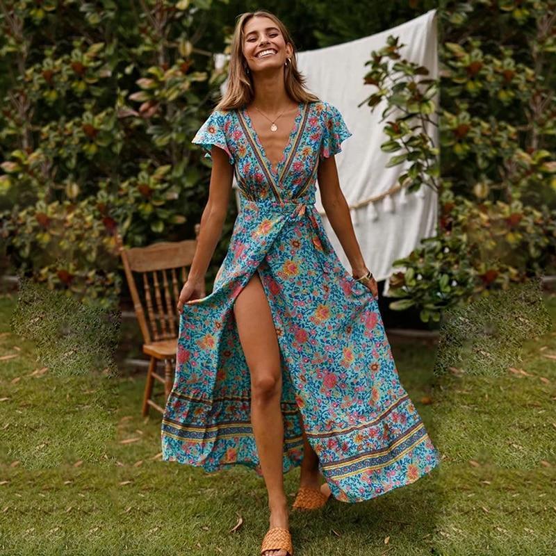 Boho Maxikleid Wickelkleid Hohes Schlitzdesign - BerlinGlamour