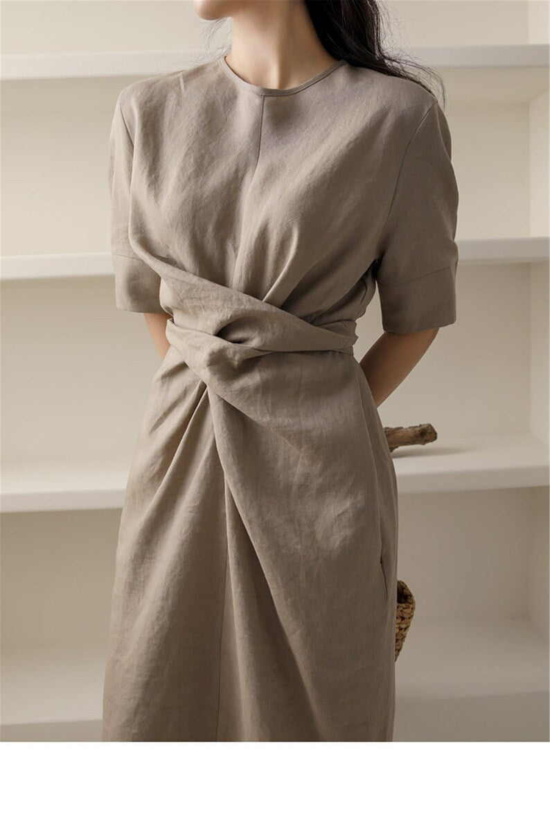 Khaki Leinenkleid Unregelmäßig Elegant Damen