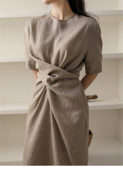 Khaki Leinenkleid Unregelmäßig Elegant Damen
