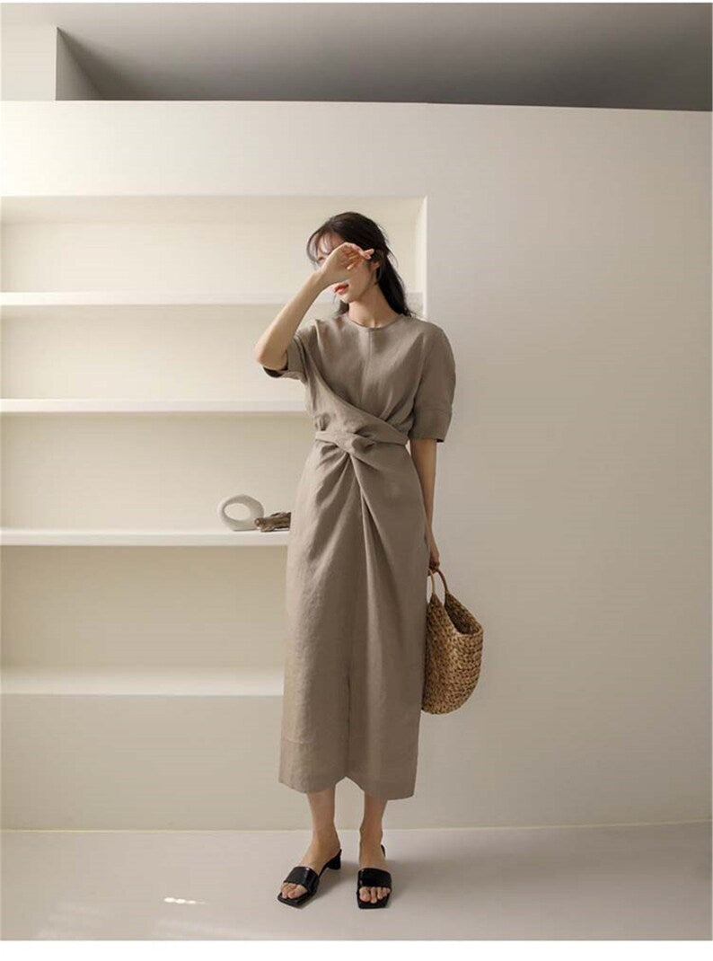 Khaki Leinenkleid Unregelmäßig Elegant Damen