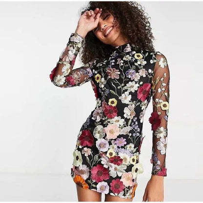 Kleid Minikleid Floral Durchscheinend Damen Partykleid