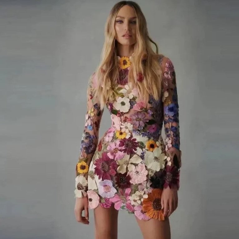 Kleid Minikleid Floral Durchscheinend Damen Partykleid