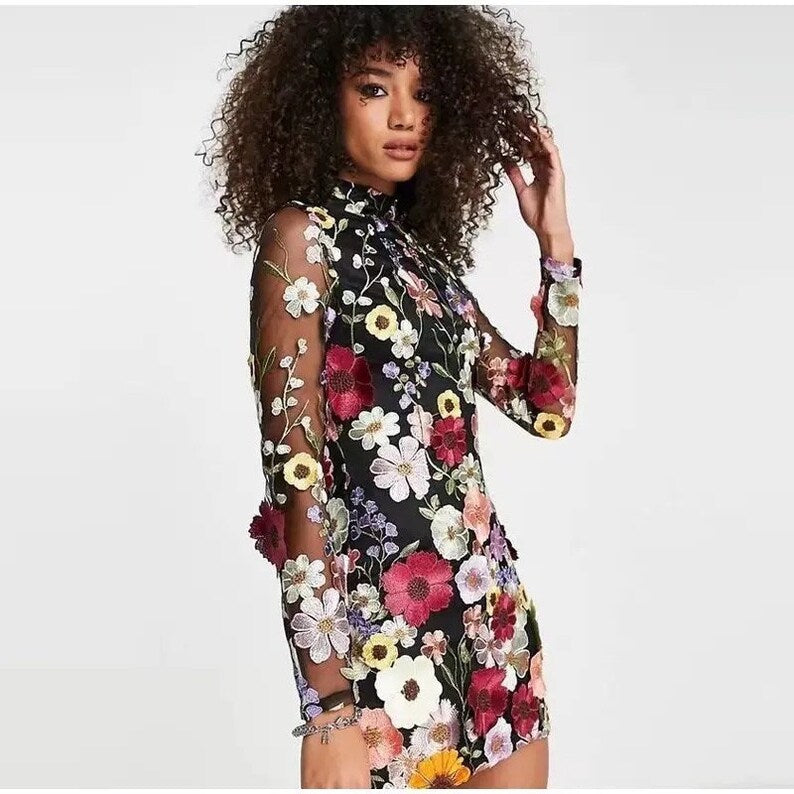 Kleid Minikleid Floral Durchscheinend Damen Partykleid