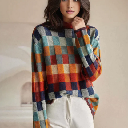 Damen Strickpullover Karomuster Farbblock Modern - BerlinGlamour