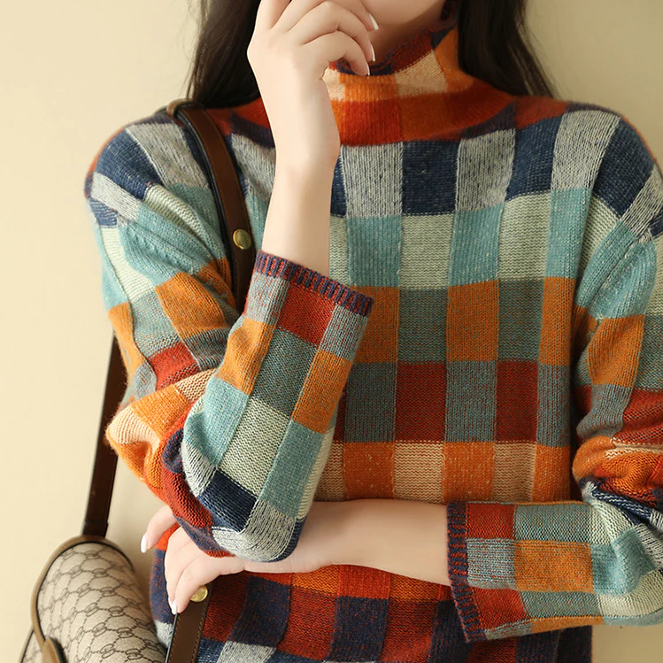 Damen Strickpullover Karomuster Farbblock Modern