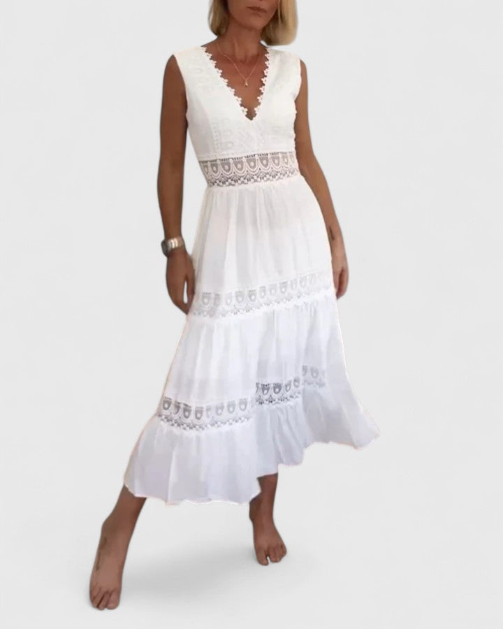 Damen Midikleid Ärmellos V-Ausschnitt Spitze Sommerkleid