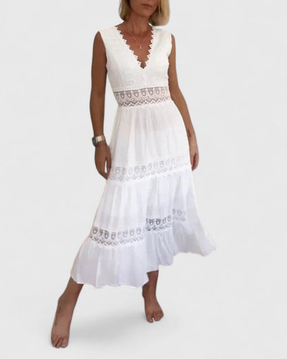 Damen Midikleid Ärmellos V-Ausschnitt Spitze Sommerkleid