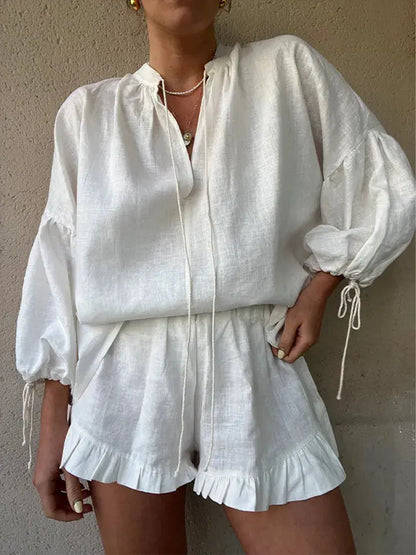 Leichtes Leinenset Sommer Bluse mit Rüschen und Ballonärmeln - BerlinGlamour