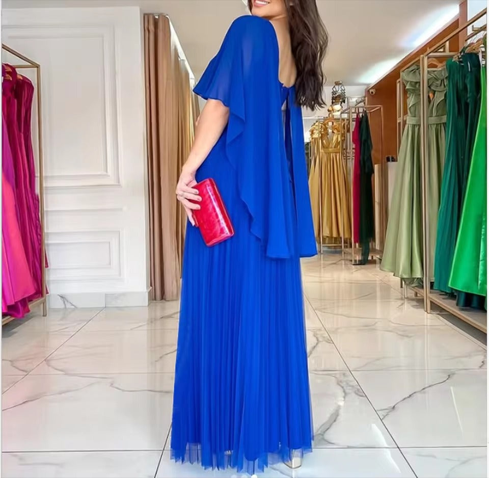 Damen Kleid Bodenlang mit Cape Ärmeln Elegante Abendkleid