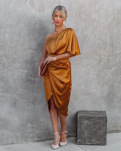 Elegantes Satin-Kleid One-Shoulder mit Drapierung Abendkleid