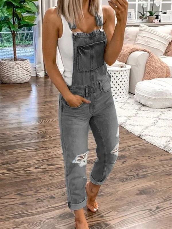 Damen Overall Zerrissener Denim Lässig Schulterträger