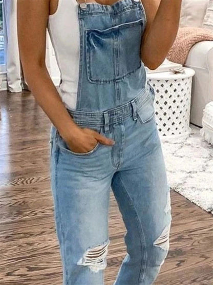 Damen Overall Zerrissener Denim Lässig Schulterträger