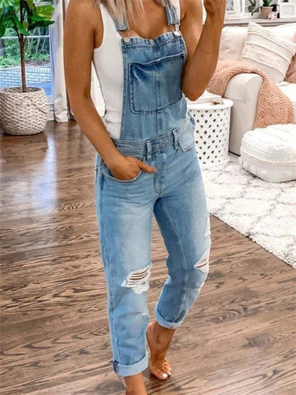 Damen Overall Zerrissener Denim Lässig Schulterträger