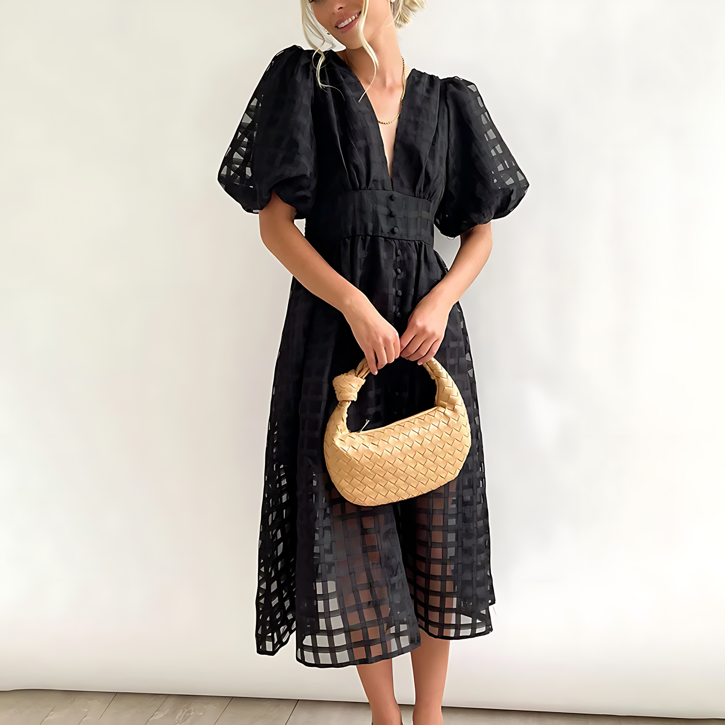 Sommerkleid Midi Karomuster Luftig mit V-Ausschnitt