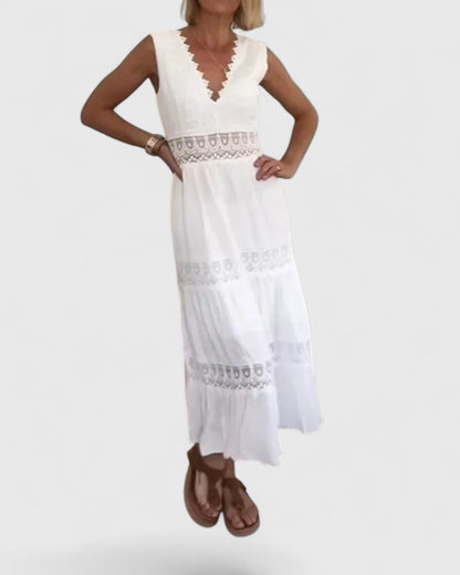 Damen Midikleid Ärmellos V-Ausschnitt Spitze Sommerkleid