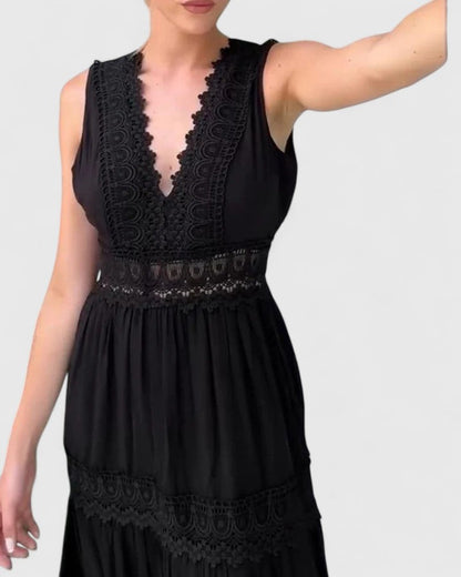Damen Midikleid Ärmellos V-Ausschnitt Spitze Sommerkleid