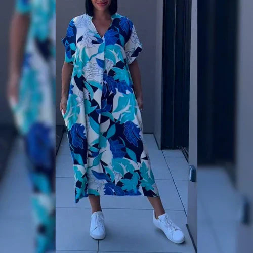 Farbenfrohes Kaftan Kleid Lässig Leinwand für Damen