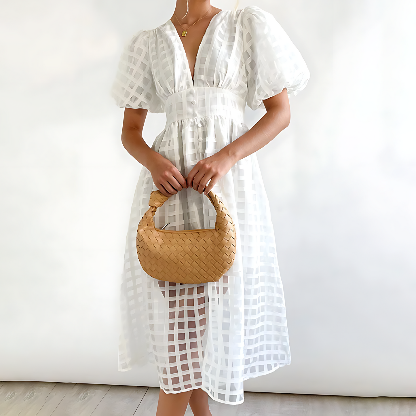 Sommerkleid Midi Karomuster Luftig mit V-Ausschnitt