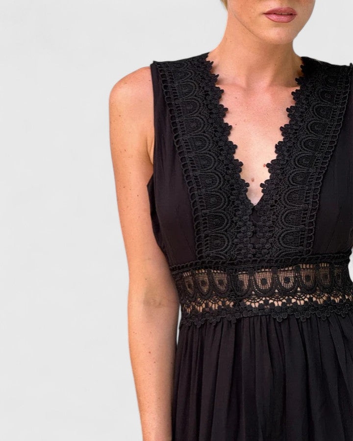 Damen Midikleid Ärmellos V-Ausschnitt Spitze Sommerkleid