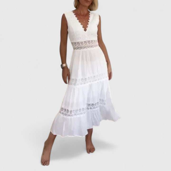 Damen Midikleid Ärmellos V-Ausschnitt Spitze Sommerkleid - BerlinGlamour