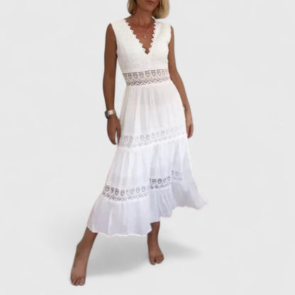 Damen Midikleid Ärmellos V-Ausschnitt Spitze Sommerkleid - BerlinGlamour