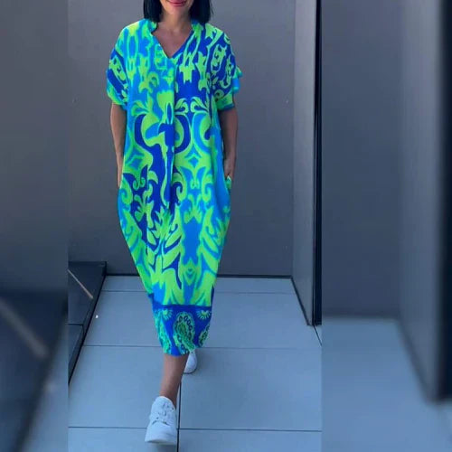 Farbenfrohes Kaftan Kleid Lässig Leinwand für Damen - BerlinGlamour