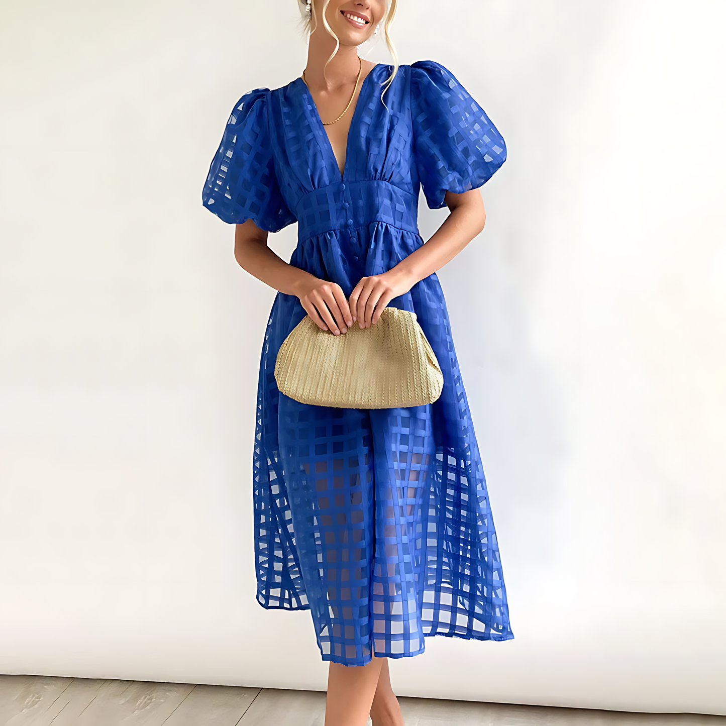 Sommerkleid Midi Karomuster Luftig mit V-Ausschnitt