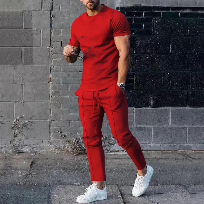 Herren Freizeit Set Slim Fit Zweiteiler T-Shirt Hose Modern
