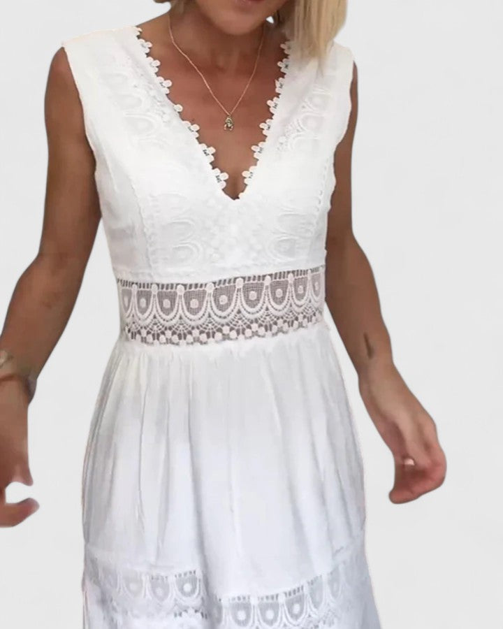 Damen Midikleid Ärmellos V-Ausschnitt Spitze Sommerkleid