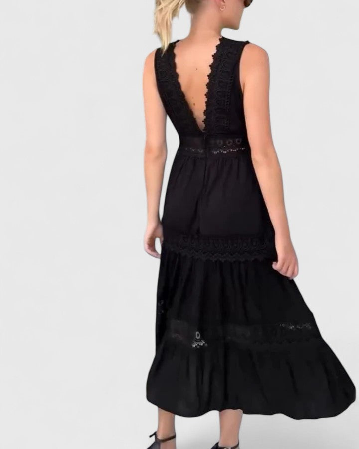 Damen Midikleid Ärmellos V-Ausschnitt Spitze Sommerkleid