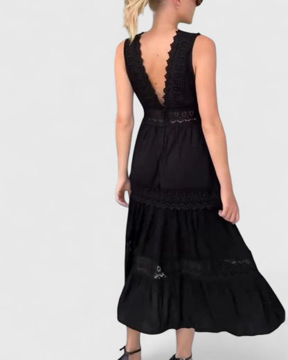 Damen Midikleid Ärmellos V-Ausschnitt Spitze Sommerkleid