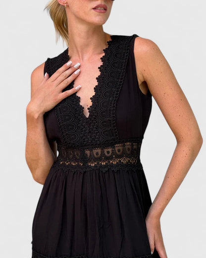 Damen Midikleid Ärmellos V-Ausschnitt Spitze Sommerkleid